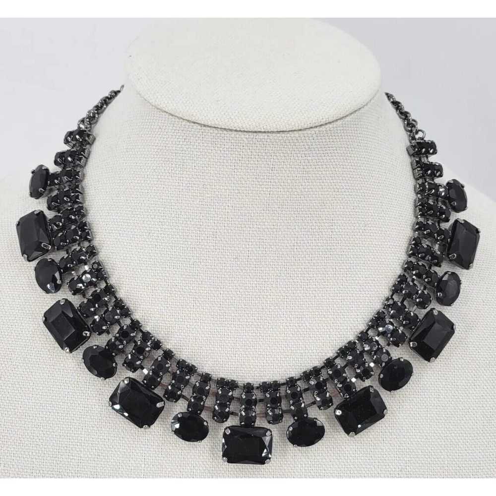 St. Thomas Black RHINESTONE Gun Metal Tone Multi Strand Collar Bib Necklace
